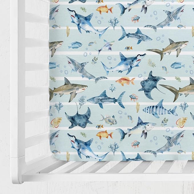 Blue Sharks Baby Crib Sheets 52''x28'' Sea Animals Sharks Stripes Snug Fitted Crib Mattress Cover for Boy Girl Ocean Fishes Corals Nautical Life Baby Bed Sheet for Standard Crib and Toddler Mattress