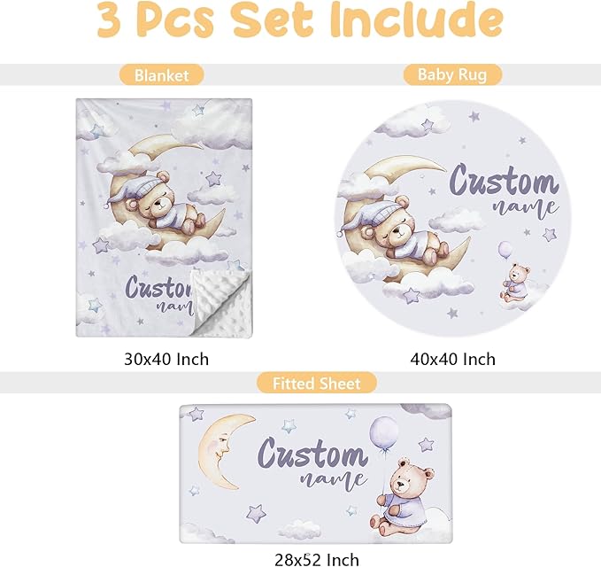 Custom Baby Bedding Set, 3 Pcs Personalized Name Crib Bedding Set for Nursery, Soft Double Layer Baby Crib Set for Boys Girls, Customized Gifts for New Parents Infants Toddlers, Purple Bear