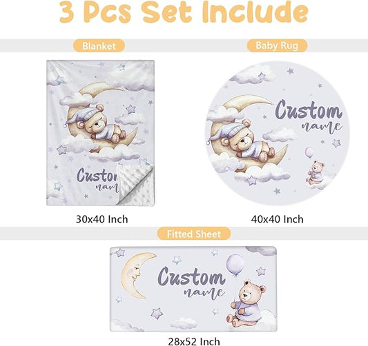 Custom Baby Bedding Set, 3 Pcs Personalized Name Crib Bedding Set for Nursery, Soft Double Layer Baby Crib Set for Boys Girls, Customized Gifts for New Parents Infants Toddlers, Purple Bear