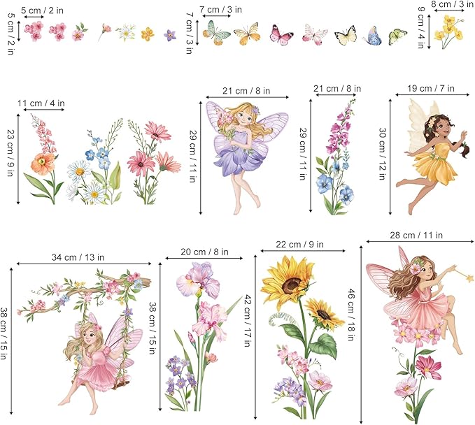 wondever Fairy Flower Wall Stickers Elves Wildflower Sunflower Peel and Stick Wall Art Decals for Girls Bedroom Kids Room Baby Nursery