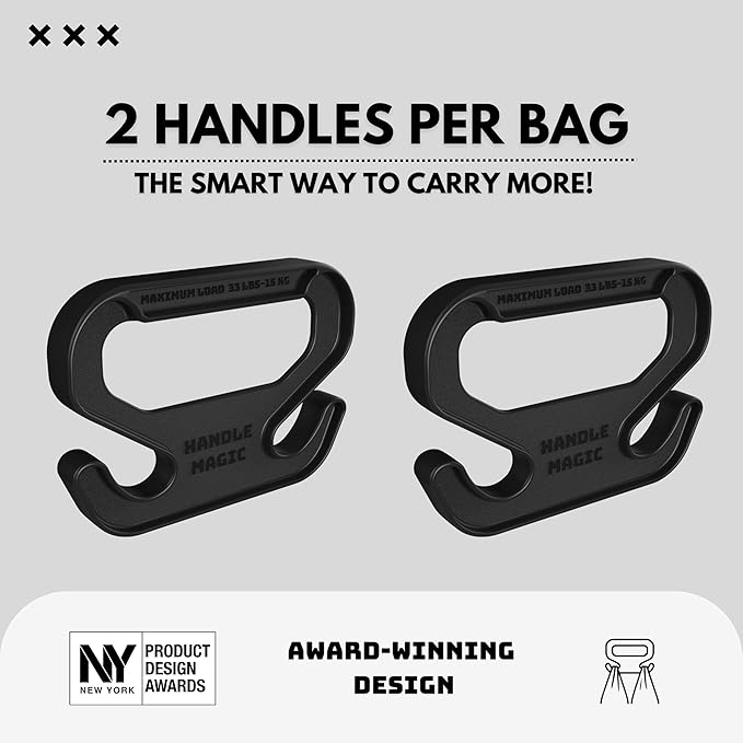 Handle Magic – Set of 2 Bag Carriers | Ergonomic Grip and Bag Holder | 33 lbs Capacity | Lightweight & Comfortable for Shopping & Travel (Black) - Made in USA