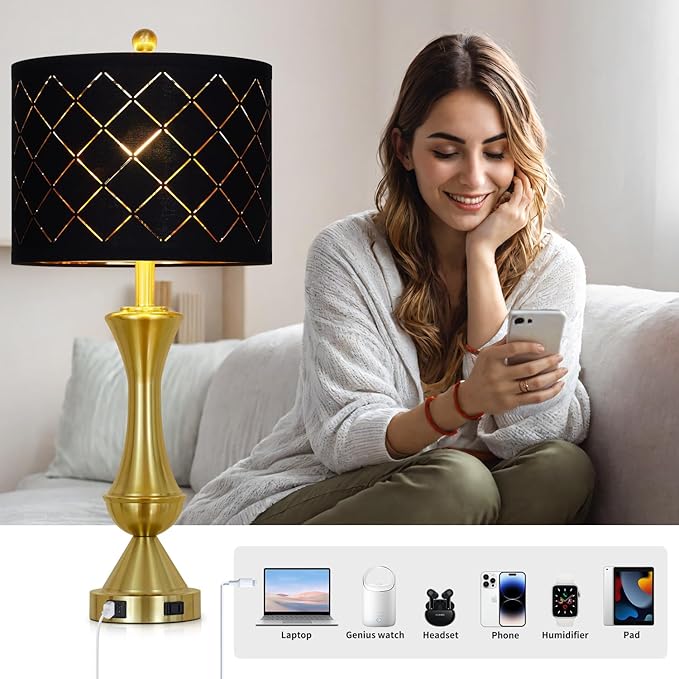 luxeflow 29" Gold Modern Table Lamps Set of 2, 3-Way Dimmable Touch Lamps for Nightstand with USB A+C & Outlets,Brass Lamps for Living Room, Bedroom, Nightstand, Entryway(2 Bulbs Included)
