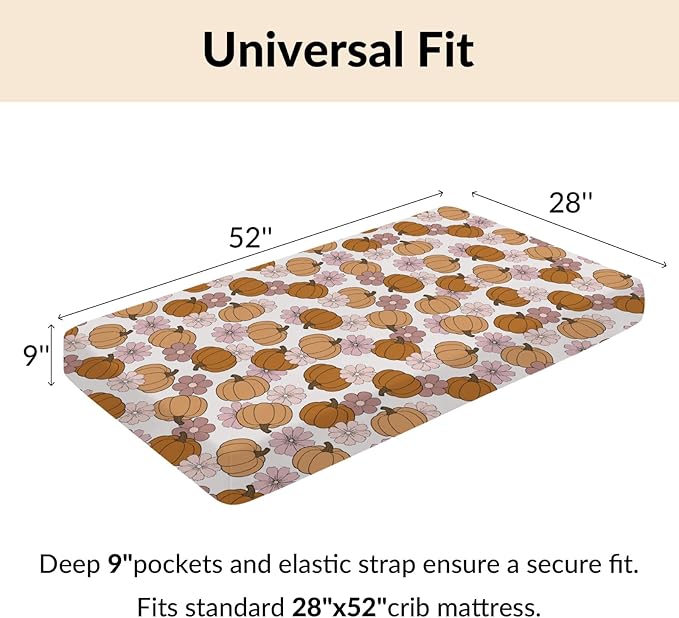 Vintage Pumpkin Boho Floral Baby Crib Sheets Fall Pumpkin Autumn Floral Soft Breathable Baby Sheets Autumn Thanksgiving Harvest Fitted Crib Mattress Cover for Standard Mattress 28x52in