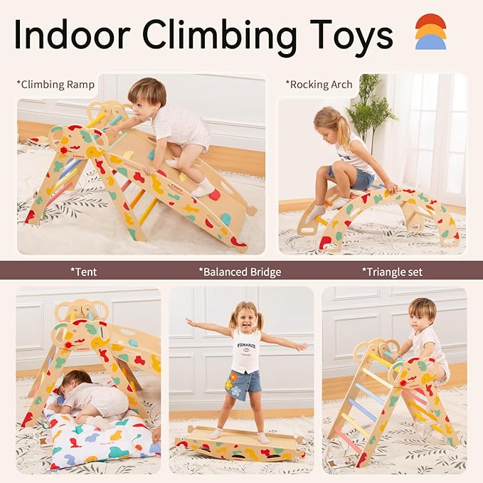 wingyz Pikler Triangle Climbing Set with Cushion,Foldable 8 in 1 Jungle Gyms for Toddlers 1-3, Indoor Playground for Kids,Baby Montessori Climber Gift（Rainbow）