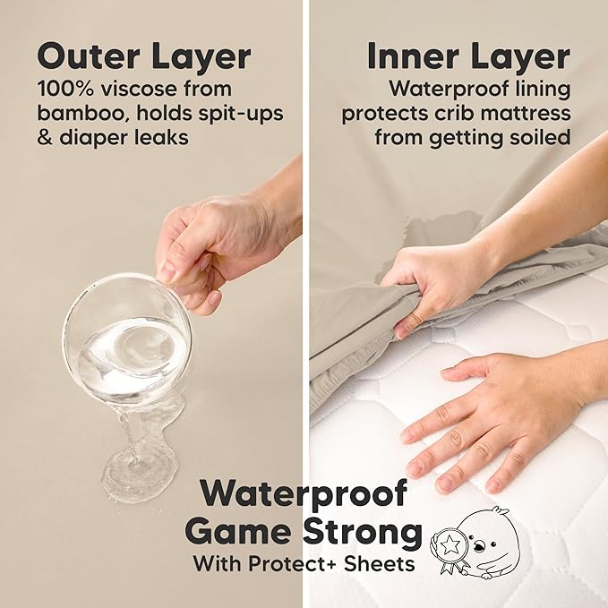 2-Pack Waterproof Baby Crib Sheets for Boys, Girls - 52x28 Viscose Derived from Bamboo Toddler Bed Sheet Neutral, Fitted Crib Mattress Protector Cover for Baby Bedding, Soft & Gentle (Cameo)