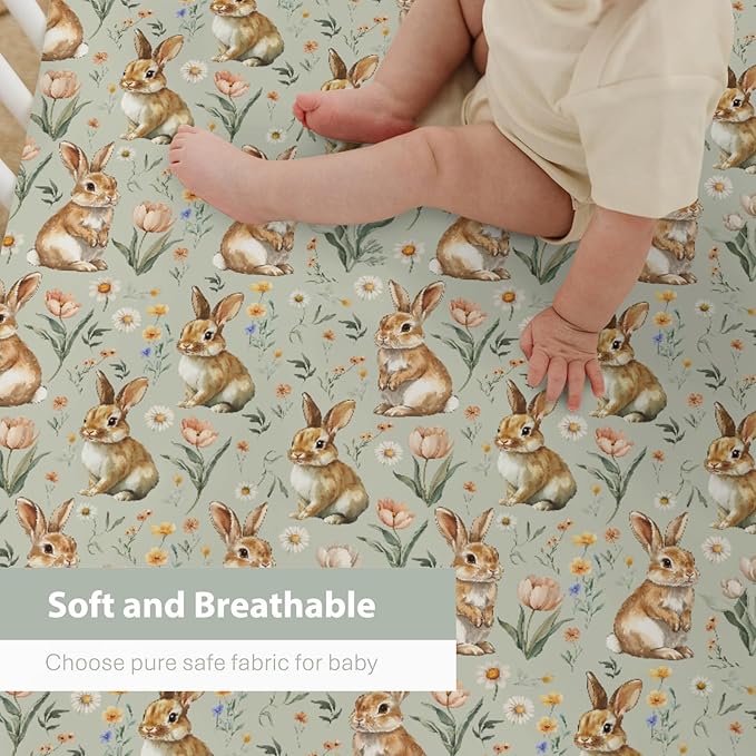 Vintage Rabbit Floral Baby Crib Sheets for Boy Girl 52"x28" Spring Bunnies Flowers Soft Stretchy Fitted Crib Mattress Cover Easter Bunny Wildflowers Baby Sheet for Standard Crib & Toddler Bed Mattress