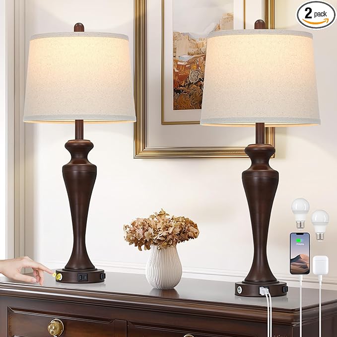 luxeflow 30" Brown Touch Table Lamps Set of 2, 3-Way Bedside Lamp with USB A+C Ports and AC Outlet, Tall Living Room Lamps for End Table, Modern Metal Bedroom Lamp for Night Stand