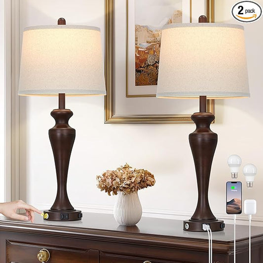 luxeflow 30" Brown Touch Table Lamps Set of 2, 3-Way Bedside Lamp with USB A+C Ports and AC Outlet, Tall Living Room Lamps for End Table, Modern Metal Bedroom Lamp for Night Stand