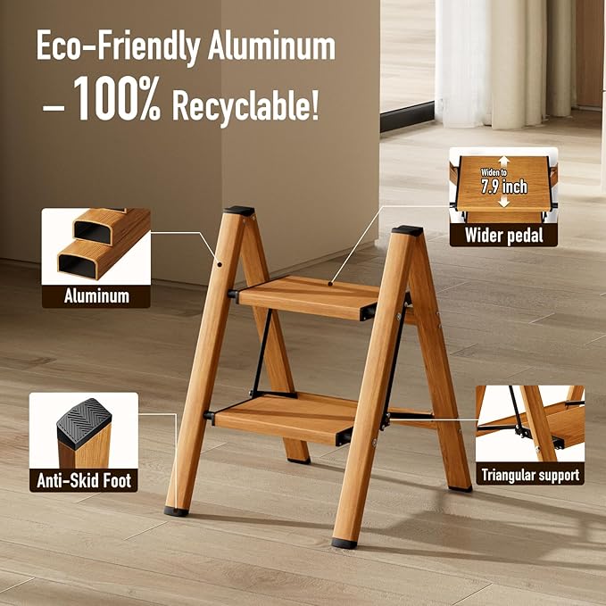 Mayi Plus 2 Step Ladder,Aluminum Folding Step Stool for Adults,Step Ladder with Wide Anti-Slip Pedal,330 lbs Capacity for Home,Office,Kitchen,Library(Woodgrain)