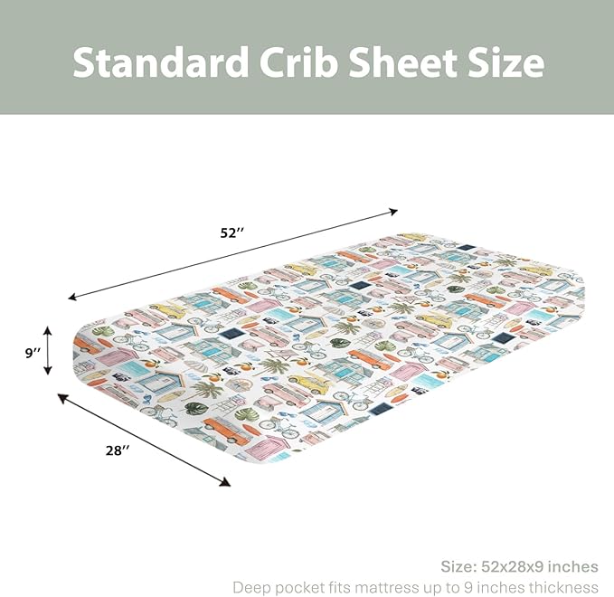 Watercolor Summer Travel Baby Crib Sheets Boy Girl 52x28Inch Boho Hippie Beach House Surfboard Palm Car Soft Snug Fitted Crib Mattress Cover Beach Days Baby Sheet for Standard Crib & Toddler Mattress