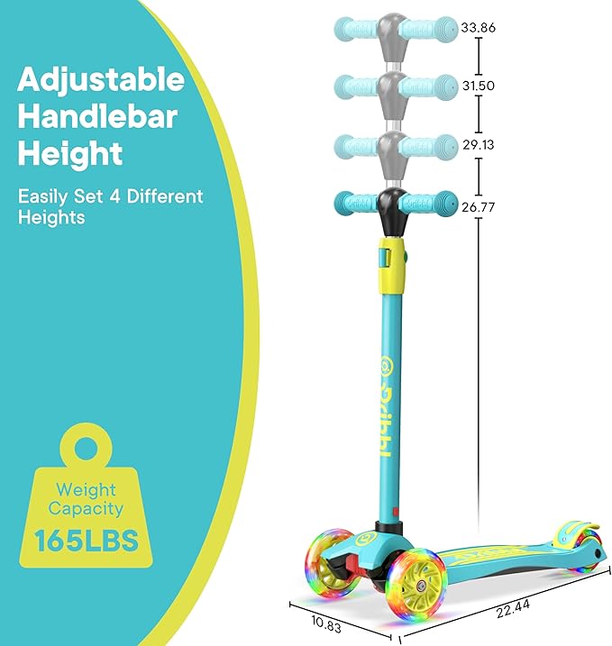 Dribbl 3-Wheel Kids Scooter - Lean-to-Steer Technology, Adjustable Height Handlebar, Wide Deck, Scooter for Boys & Girls Ages 3+, Child Safety Approved, Support Riders Up to 165 lbs, Aqua and Yellow