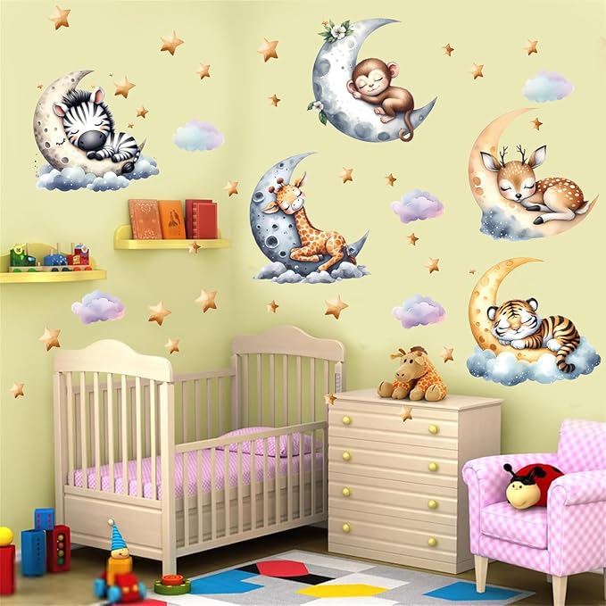 Jungle Animal Wall Decals for Nursery – Removable Safari Animal Stickers for Baby Room, Kids Bedroom & Playroom – Moon and Stars Animals Wall Art Decor for Boys and Girls