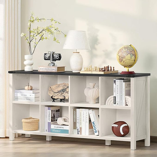 Joaxswe 8 Cube Book Shelf, Farmhouse Wood Long Storage Organizer Bookcase, 62" Horizontal Antique White & Black Console Bookshelf, Kids Toy Storage Cabinet, Modern Open Book Case for Playroom, Office