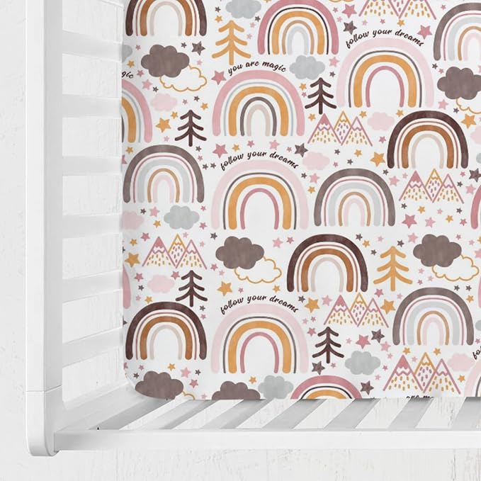 Colorful Boho Rainbow Baby Crib Sheet 52''x28'' Cute Rainbow Mountain Trees Clouds Stars Fitted Crib Mattress Cover for Boy Girl Soft Bed Sheet for Standard Size Crib and Toddler Mattresses