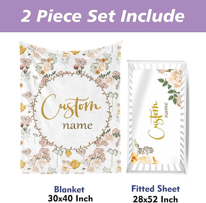 Custom Name Crib Bedding Set for Newborn Girls- 2 Piece Flower Series Baby Set with Blanket, Crib Sheet, Infant Nursery Bedding Set, Gifts for Toddler
