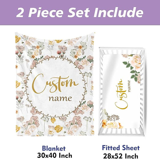 Custom Name Crib Bedding Set for Newborn Girls- 2 Piece Flower Series Baby Set with Blanket, Crib Sheet, Infant Nursery Bedding Set, Gifts for Toddler