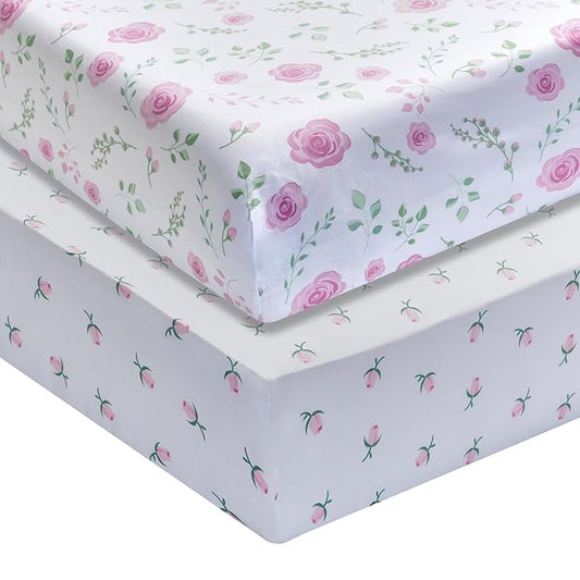 EVERYDAY KIDS 2 Pack Fitted Girls Crib Sheet, 100% Soft Breathable Microfiber Baby Sheet, Fits Standard Size Crib Mattress 28in x 52in, White and Pink Nursery Sheets with Flowers, Roses and Rosebuds