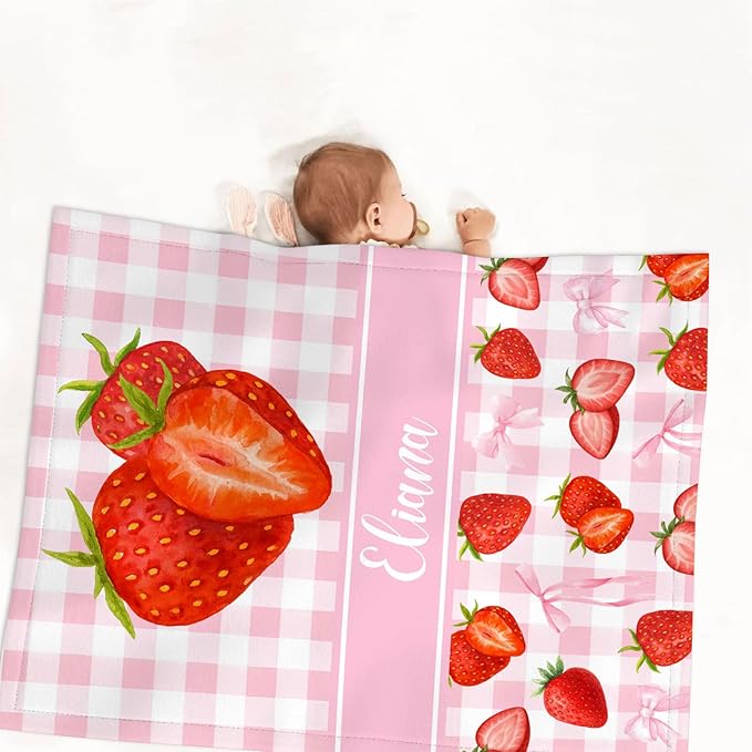 Personalized Strawberry Crib Bedding Set for Girls – Custom Name 3-Piece Pink Bow Nursery Bedding, Soft Blanket, Fitted Crib Sheet & Pillowcase, Baby Bedding for Newborn & Toddler