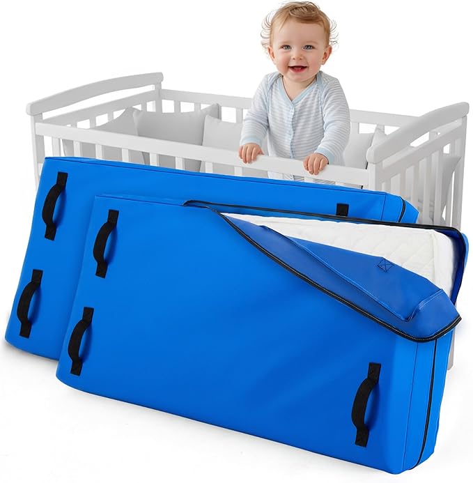 2 Pcs Oxford Cloth Waterproof Crib Mattress Storage Bag with Zipper and 8 Reinforced Handles Heavy Duty Reusable Crib Mattress Cover for Storage, 52.5 x 28 x 6.5 Inches (Blue)
