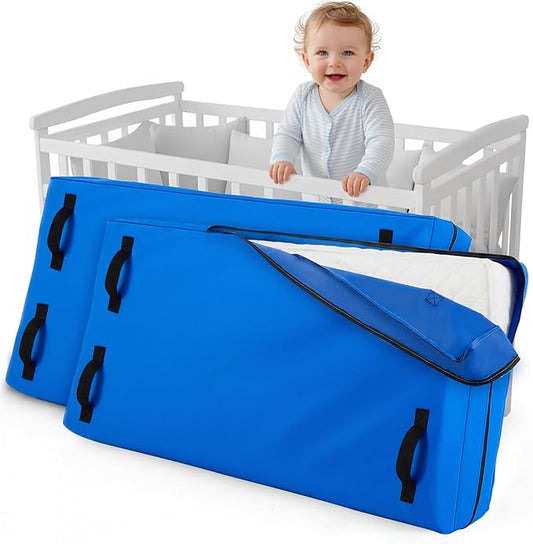 2 Pcs Oxford Cloth Waterproof Crib Mattress Storage Bag with Zipper and 8 Reinforced Handles Heavy Duty Reusable Crib Mattress Cover for Storage, 52.5 x 28 x 6.5 Inches (Blue)