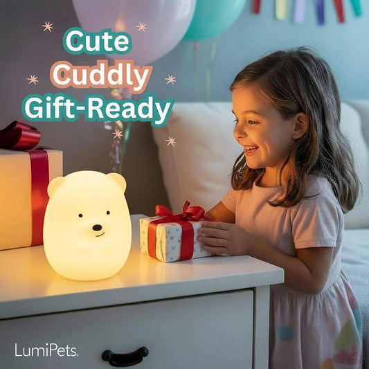 Lumipets Benny The Bear Squishy Silicone Night Light for Kids | Cute Night Light with Remote & Touch Control for Girls & Boys | 9 Color Changing Soft Portable Animal Lamp Comes with USB Cord