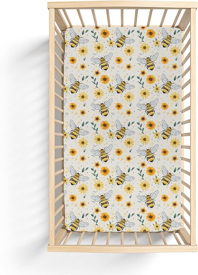 Boho Bees Sunflowers Baby Crib Sheets for Boy Girl 52"x28" Watercolor Bee Yellow Floral Soft Snug Fitted Crib Mattress Cover Spring Summer Baby Sheet for Standard Crib & Toddler Bed Mattress