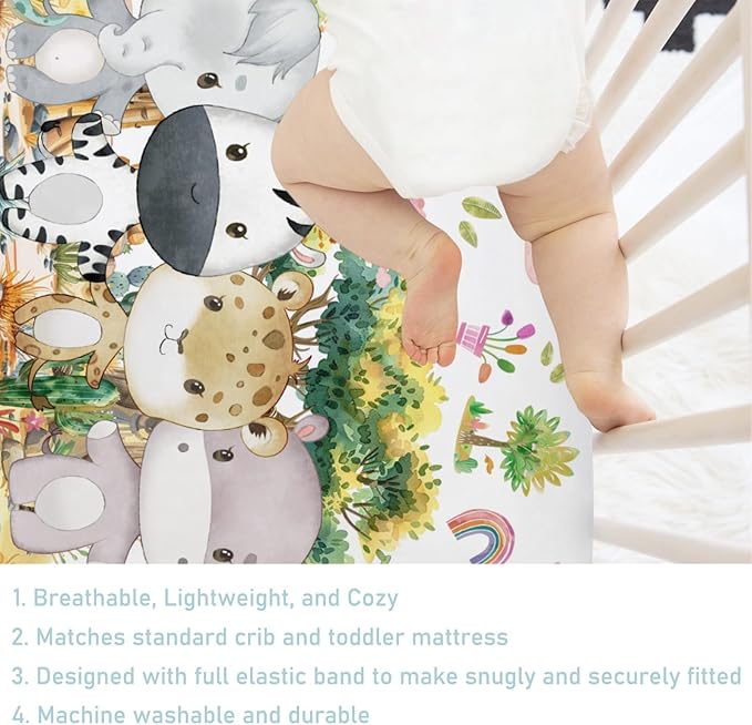 Baby Jungle Safari Animals Tropical Leaves Flowers Baby Crib Sheet 52''x28'' Fitted Crib Mattress Cover for Boy Girl Nursery Bed Sheet Fits Standard Crib Toddler Mattress (African, One Size)