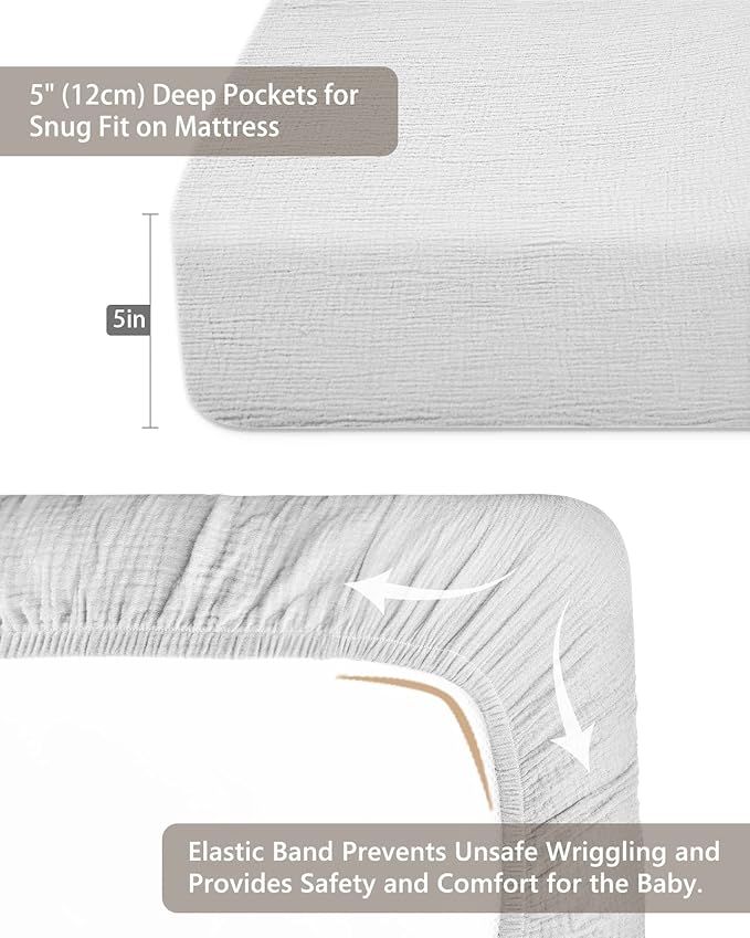 Mini Crib Sheets for Baby, Fitted Pack N Play Mattress and Mini Cribs 24" x 38", Neutral Muslin Cotton Mini Crib Mattress Sheet with Boho Style, Soft and Breathable Comfort (White)