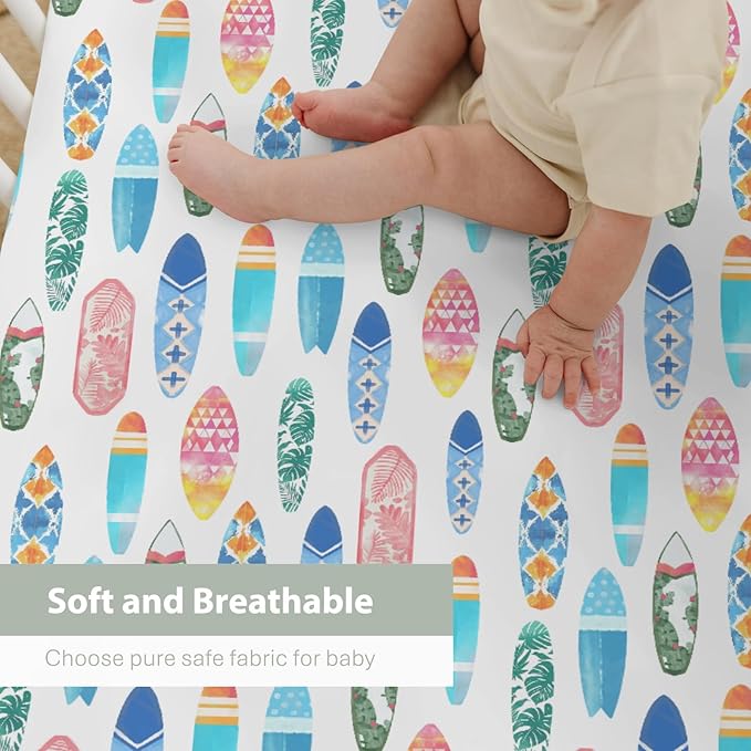 Colorful Surfboards Baby Crib Sheets for Boy Girl 52x28Inch Summer Surfing Soft Stretchy Fitted Crib Mattress Cover Boho Beach Vacation Travel Nursery Baby Sheet for Standard Crib & Toddler Mattress
