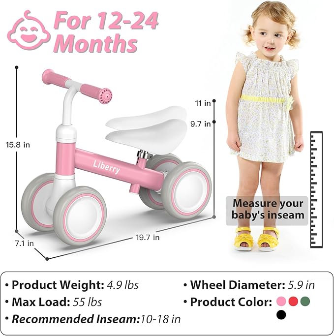 Liberry Baby Balance Bike with Adjustable Seat, Toddler First Ride-On Toy for 1-2 Year Old, Girls Birthday Gift