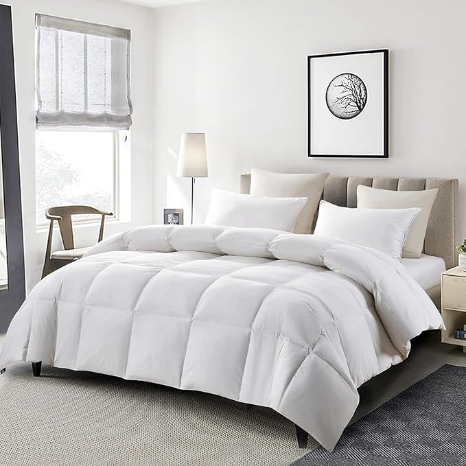 Serta Goose Feather Down Fiber Cotton Comforter Twin Size - 100% Cotton Duvet Insert - Hotel Luxury Hypoallergenic Bedding Comforter Light Warmth 68 x 90 Inch White