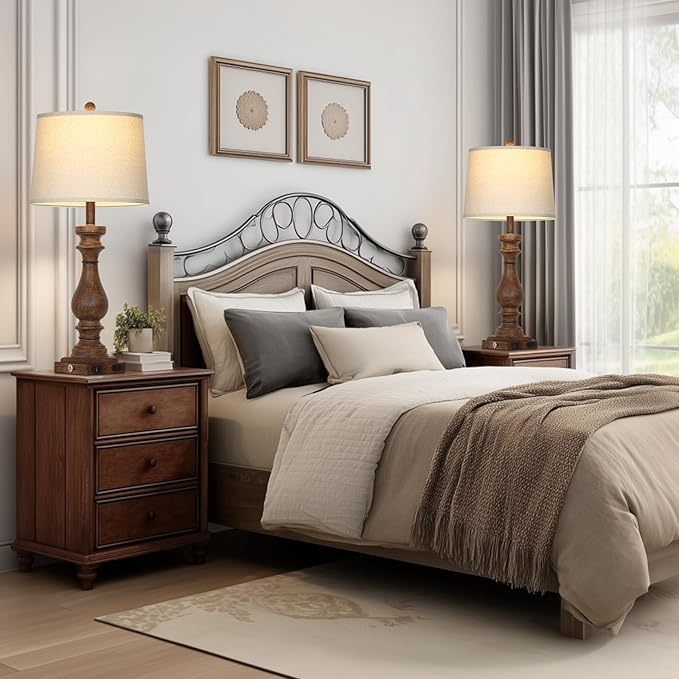 Cinkeda 29" Tall Farmhouse Table Lamp for Living Room Set of 2,Vintage Retro Nightstand Lamps with USB C+A Ports & AC Outlet,3-Way Dimmable Touch Bedside Lamp for Bedroom Side Table,Brown
