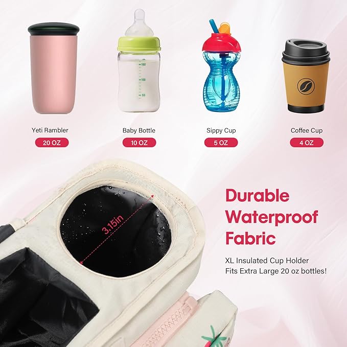 Universal Stroller Organizer with Insulated Cup Holders and Detachable Phone Bag,Stroller Caddy Fits for Stroller Accessories like Uppababy, Baby Jogger, Doona, Nuna Stroller (strawberry)