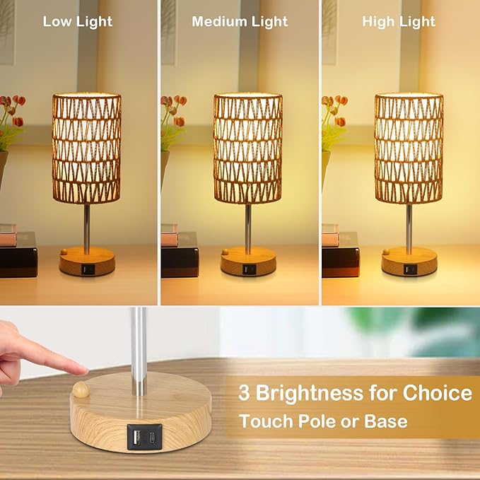 Eayaya Boho Table Lamp for Bedroom with Bulb, Small Touch Control Table Lamp for Living Room with Rattan & Linen Shade, 3 Way Dimmable Bedside Lamp for Nightstand with USB Charging Port & Phone Stand