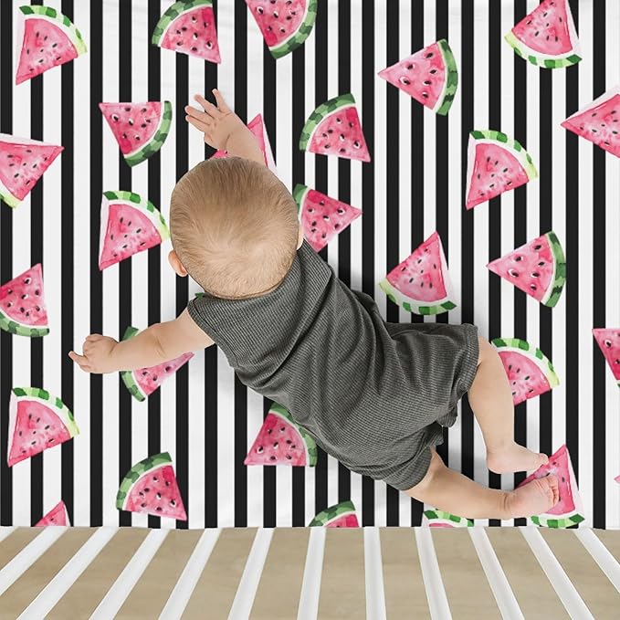 Watermelon Black and White Stripes Baby Crib Sheets for Boy Girl 52"x28" Tropical Summer Fruits Soft Stretchy Fitted Crib Mattress Cover Beach Vacation Baby Sheet for Crib and Toddler Bed Mattresses
