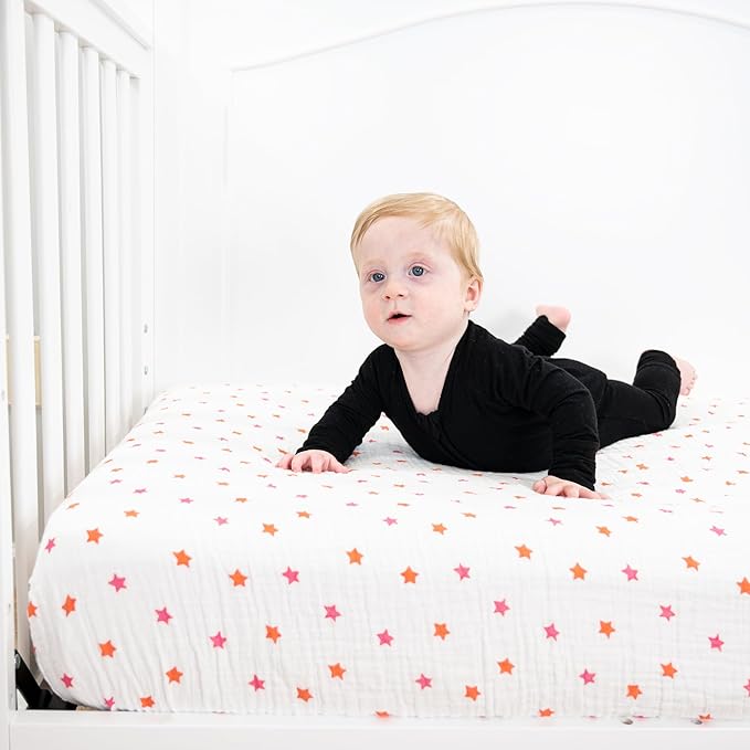 LollyBanks Baby Girl Crib Sheets 2 Pack, 100% Muslin Cotton Soft and Breathable Baby Crib Sheets, Snug Fitted Sheet for Standard 52"x28" Mattress, Nursery Must Haves (Pink Boot and Pink Star)