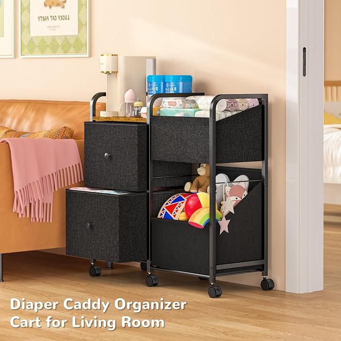 Baby Diaper Caddy Organizer Cart, Bedside Cart for Baby Essentials, Nursing Storage with Drawers and Lockable Wheels, Baby Organizers and Storage for Bedroom, Living room, Bathroom