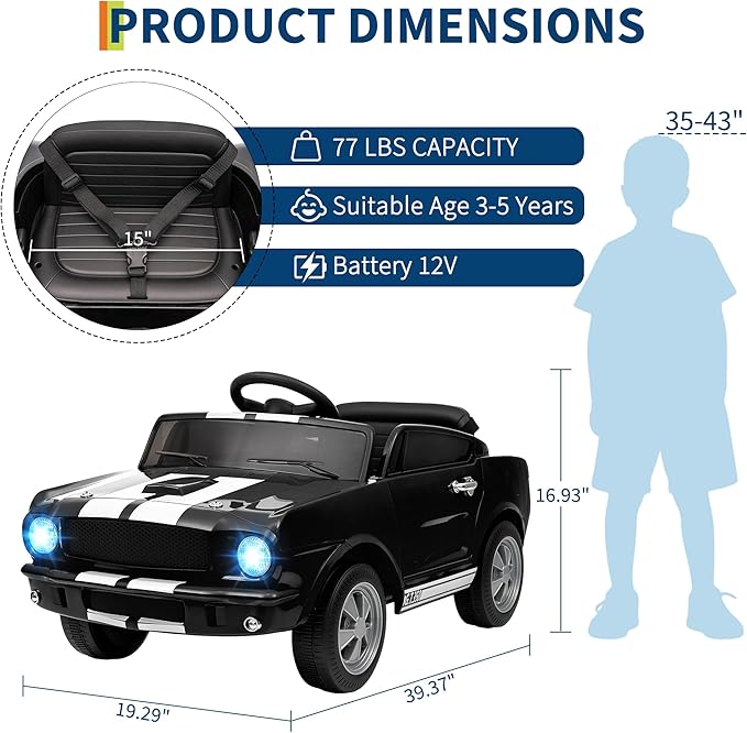12V Ride on Car for Kids, Licensed Shelby GT350 Electric Toy with Parent Remote Control, 3 Speeds, LED Headlights, Music & Safety Belt for Toddlers