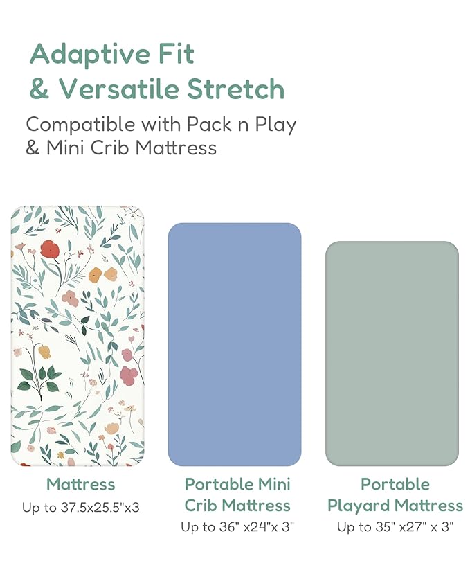 Pack and Play Sheets Fitted, Soft Green Leaf+Flower, Ultra Soft, Hypoallergenic and Breathable, 2 Pack for Baby Boys and Girls