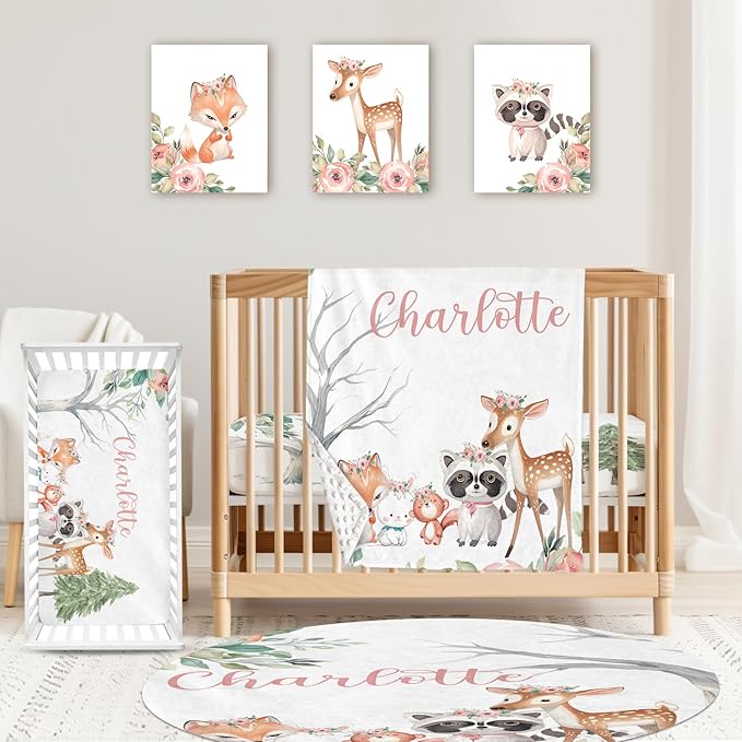Personalized Baby Crib Bedding Set: 4 Piece Custom Sika Deer & Fox Pattern Crib Bed Set with Name, Nursery Bedding Set for Baby Girls, Newborn Boys Crib Sets, Crib Bedding Custom Gift, Crib Sheet