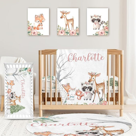 Personalized Baby Crib Bedding Set: 4 Piece Custom Sika Deer & Fox Pattern Crib Bed Set with Name, Nursery Bedding Set for Baby Girls, Newborn Boys Crib Sets, Crib Bedding Custom Gift, Crib Sheet