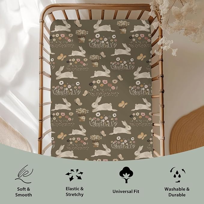 Vintage Hopping Bunnies Baby Crib Sheets for Boy Girl 52x28Inch Retro Rabbits Boho Floral Soft Stretchy Fitted Crib Mattress Cover Spring Easter Baby Sheet for Standard Crib & Toddler Mattresses