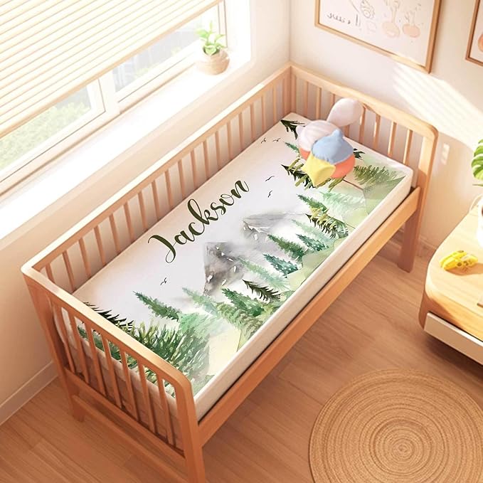 Custom Name Baby Crib Bedding Set – Personalized 3-Piece Nursery Set for Boys, Includes Soft Blanket, Fitted Sheet & Pillowcase – Woodland Bear Baby Bedding Gift for Newborn & Toddler
