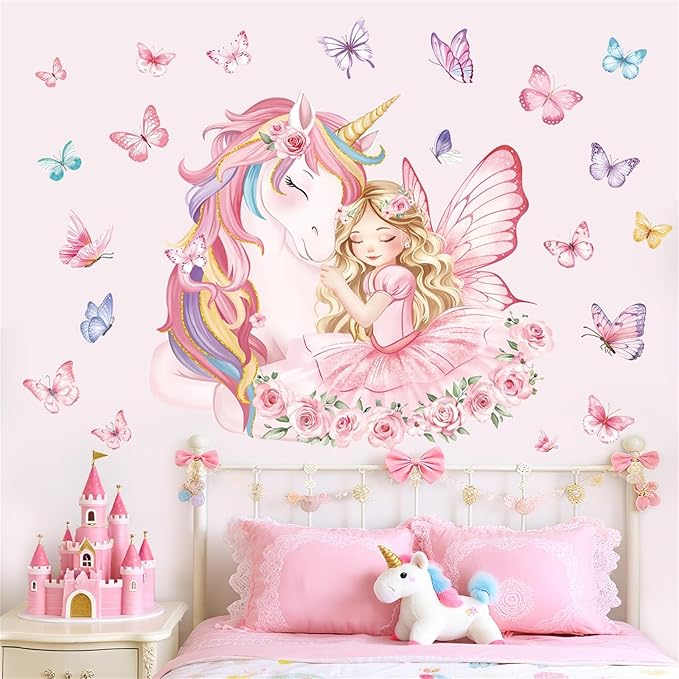 decalmile Large Unicorn Wall Stickers Pink Fairy Girl Butterfly Wall Decals Baby Nursery Bedroom Girls Room Home Decor