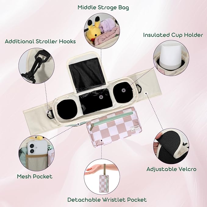 Universal Stroller Organizer with Insulated Cup Holders and Detachable Phone Bag,Stroller Caddy Fits for Stroller Accessories like Uppababy, Baby Jogger, Doona, Nuna Stroller (Green Square grid)