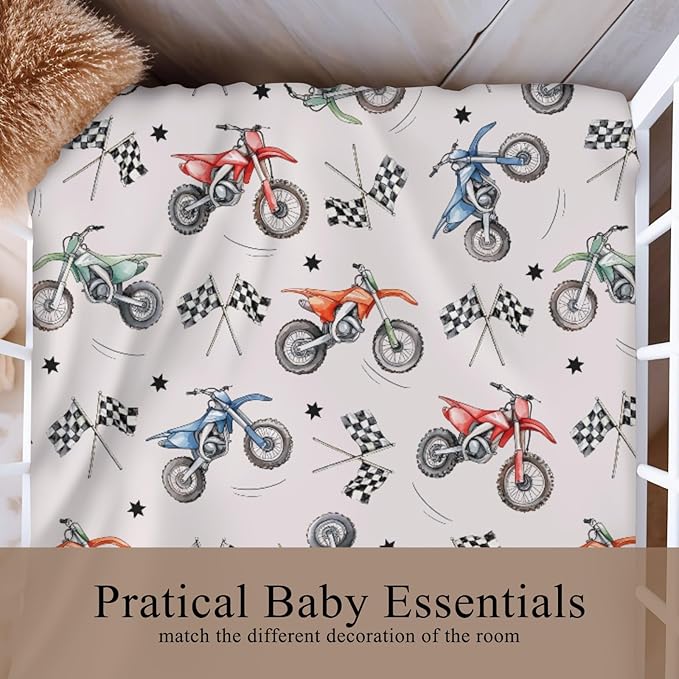 Vintage Motor Dirt Bike Baby Crib Sheet for Boys & Girls 28x52 Inch Cute Race Bikes Plaid Checker Flag Stars Baby Sheet for Standard Crib and Toddler Mattress Toddler Bed Sheet Bike One Size