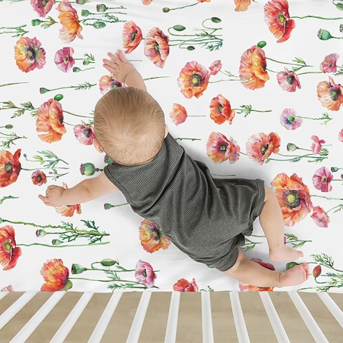 Watercolor Poppies Flowers Baby Crib Sheets for Boy Girl 28"x52" Red Poppies Green Leaves Soft Snug Fitted Crib Mattress Cover Spring Summer Floral Baby Sheet for Standard Crib & Toddler Mattress