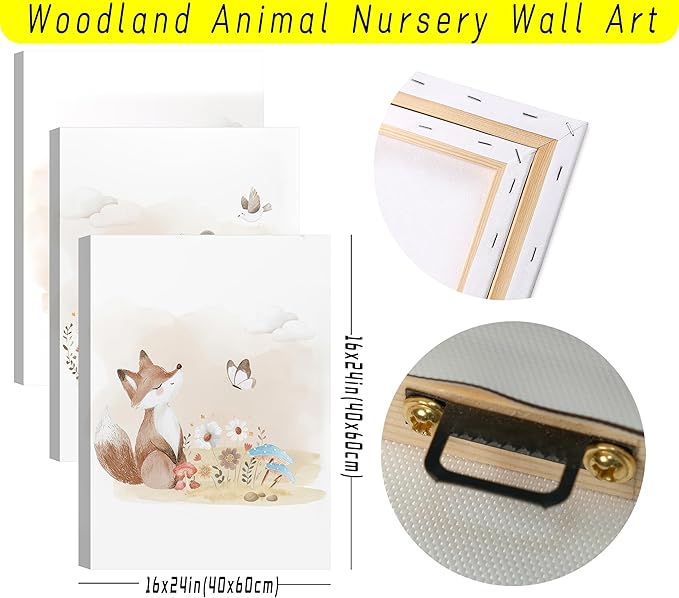 MIZILI Woodland Animal Nursery Canvas Wall Art Wild Watercolor Animals Paintings Pictures Wall Decor Fox Bear Deer Poster Printing Artwork for Boys Room Girls Room Home Decoration