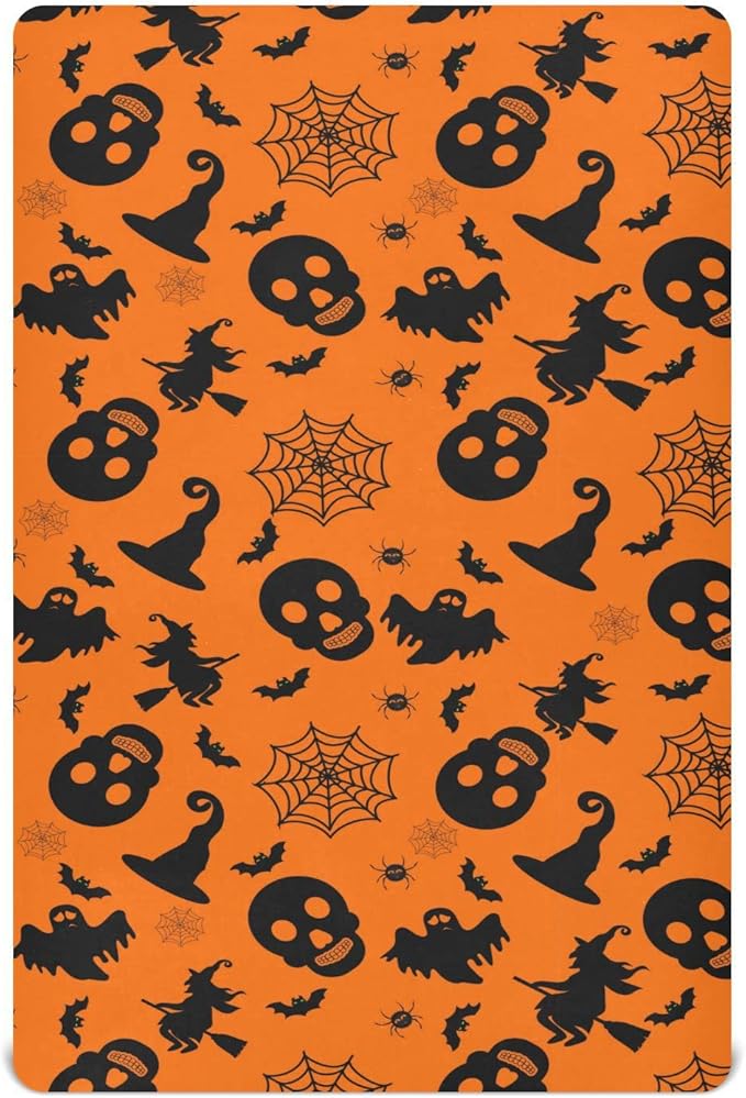 Halloween Orange Bat Ghost Crib Sheets Soft Breathable Fitted Baby Crib Sheets Mattress Cover for Girl Boys, 52" x 28" x 9"
