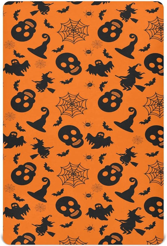 Halloween Orange Bat Ghost Crib Sheets Soft Breathable Fitted Baby Crib Sheets Mattress Cover for Girl Boys, 52" x 28" x 9"